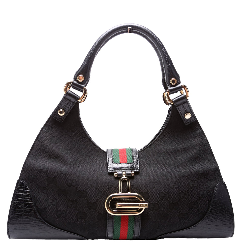 Gucci 130995 GG Canvas Web Junco Shoulder Black Bag
