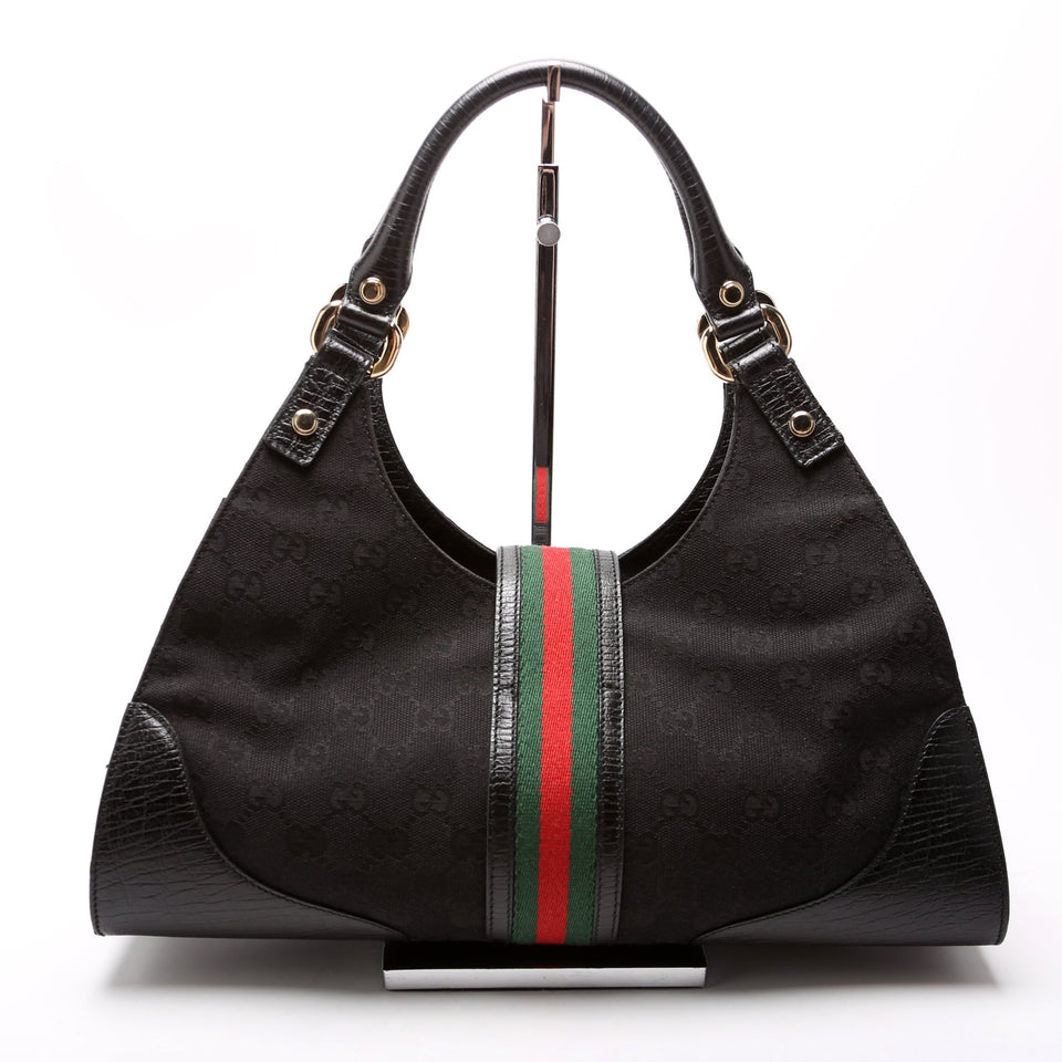 Gucci 130995 GG Canvas Web Junco Shoulder Black Bag