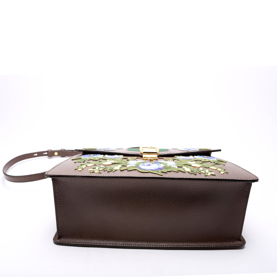 Gucci 431665 Sylvie Top Handle Embroidered Calfskin Medium Brown Bag