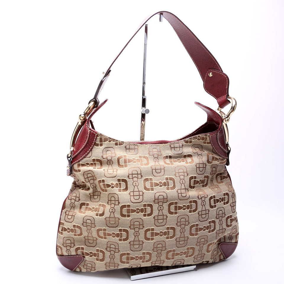 Gucci 145826 Horsebit Canvas Creole Hobo Burgundy/Tan Bag