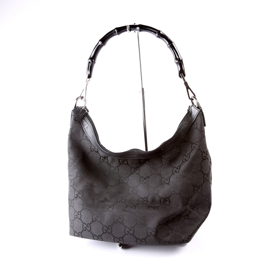 Gucci 000-0531 GG Nylon Bamboo Hobo Black Bag