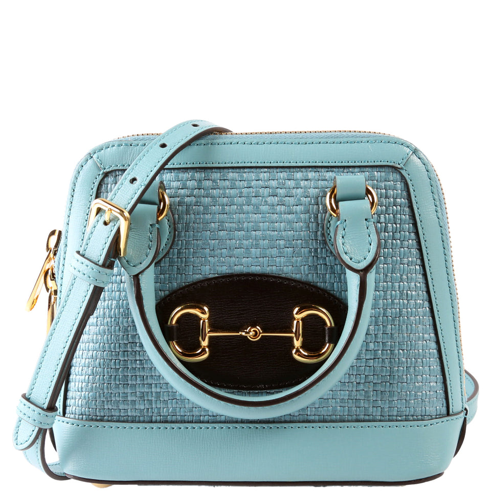Gucci 640716 Horsebit 1955 Mini Top Handle Raffia Teal Bag