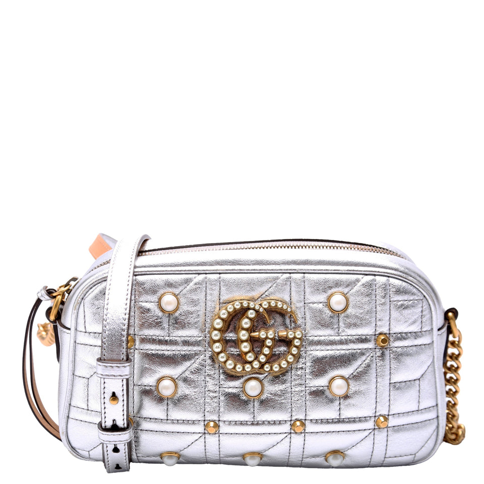 Gucci 447632 Marmont Small Leather/Pearl Camera Silver Bag