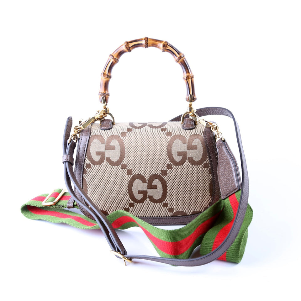 Gucci 675797 Bamboo 1947 TH Jumbo GG Canvas Brown Bag