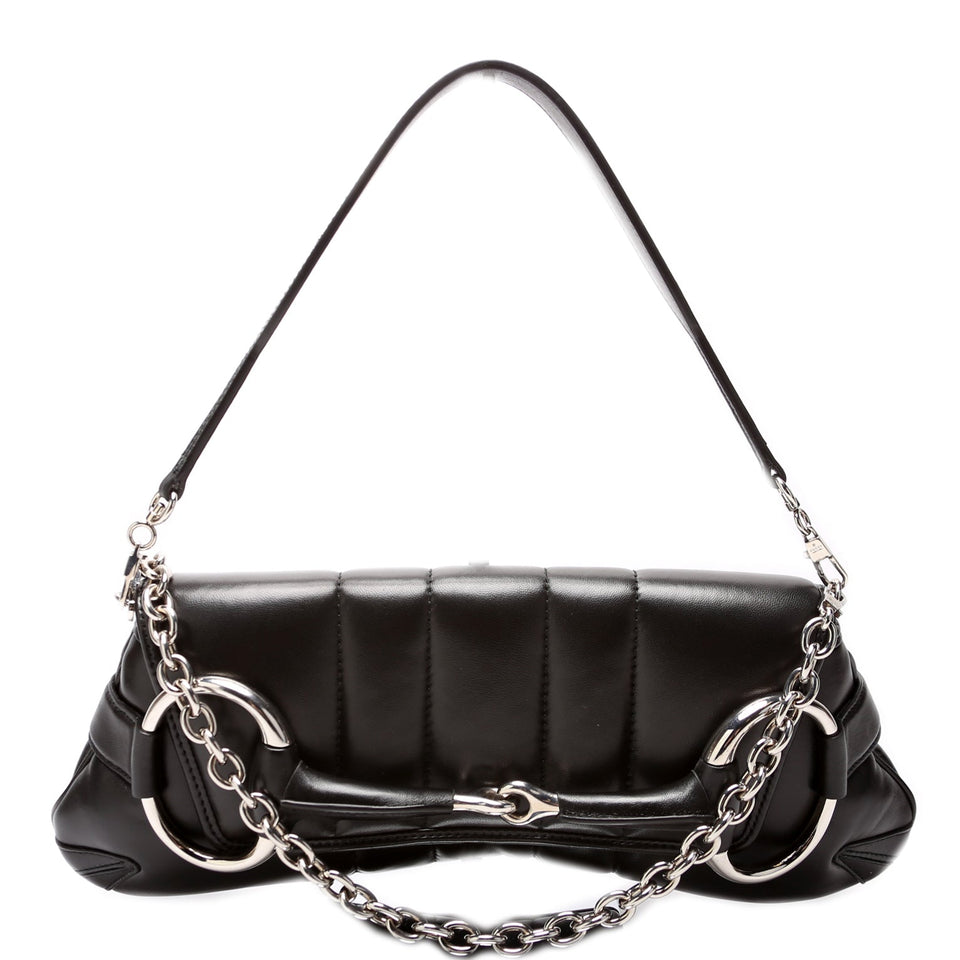 Gucci 764255 Vertical Quilted Maxi Horsebit Chain Medium Shoulder Black Bag