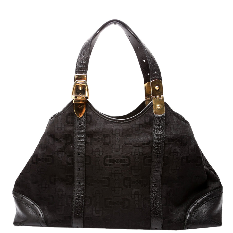 Gucci 145769 Horsebit Canvas/Leather Shoulder Black Bag