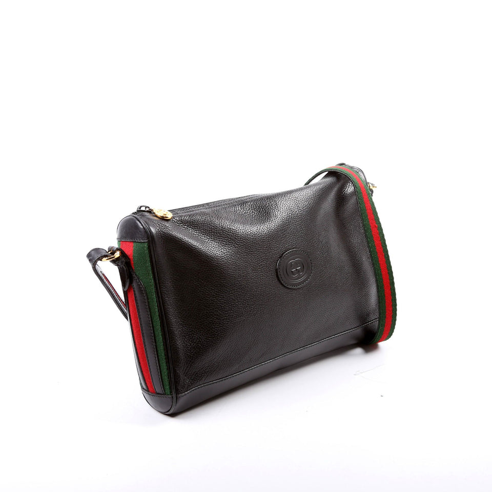 Gucci Web Stripe Leather Messenger Vintage Black Bag