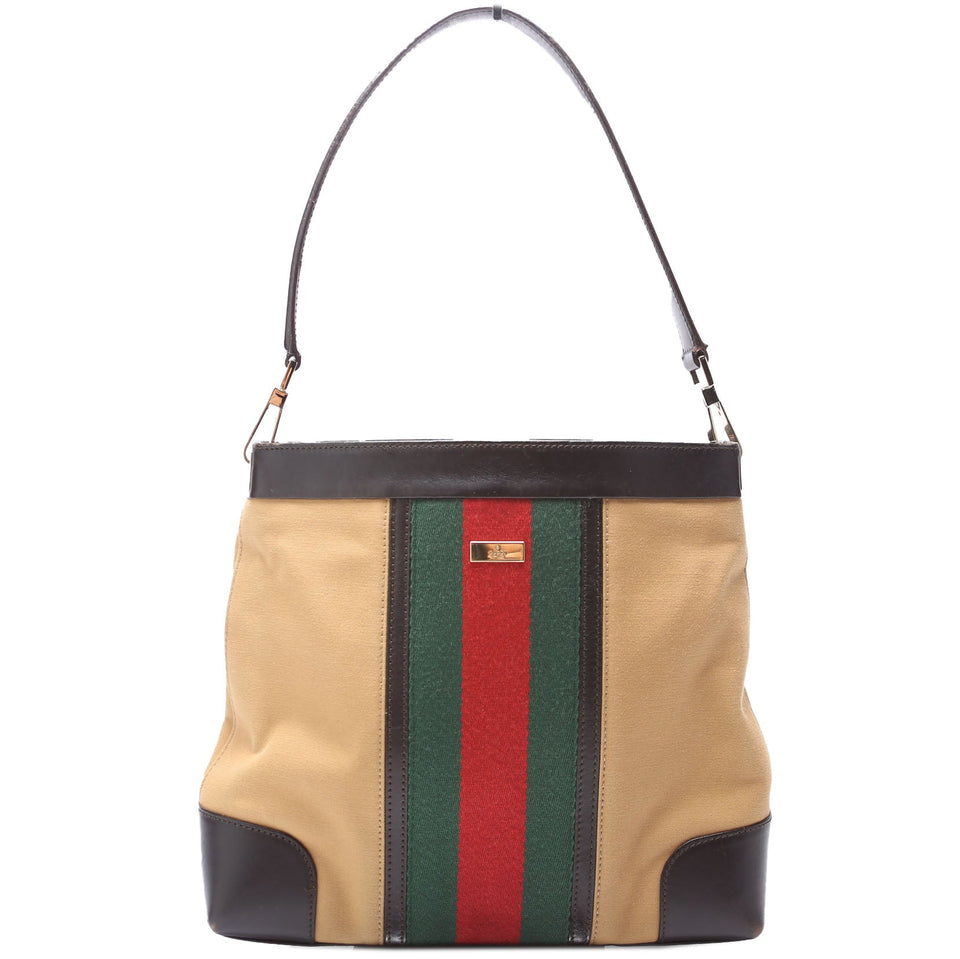 Gucci 0014231 Sherry Line Web/Leather Shoulder Vintage Bag