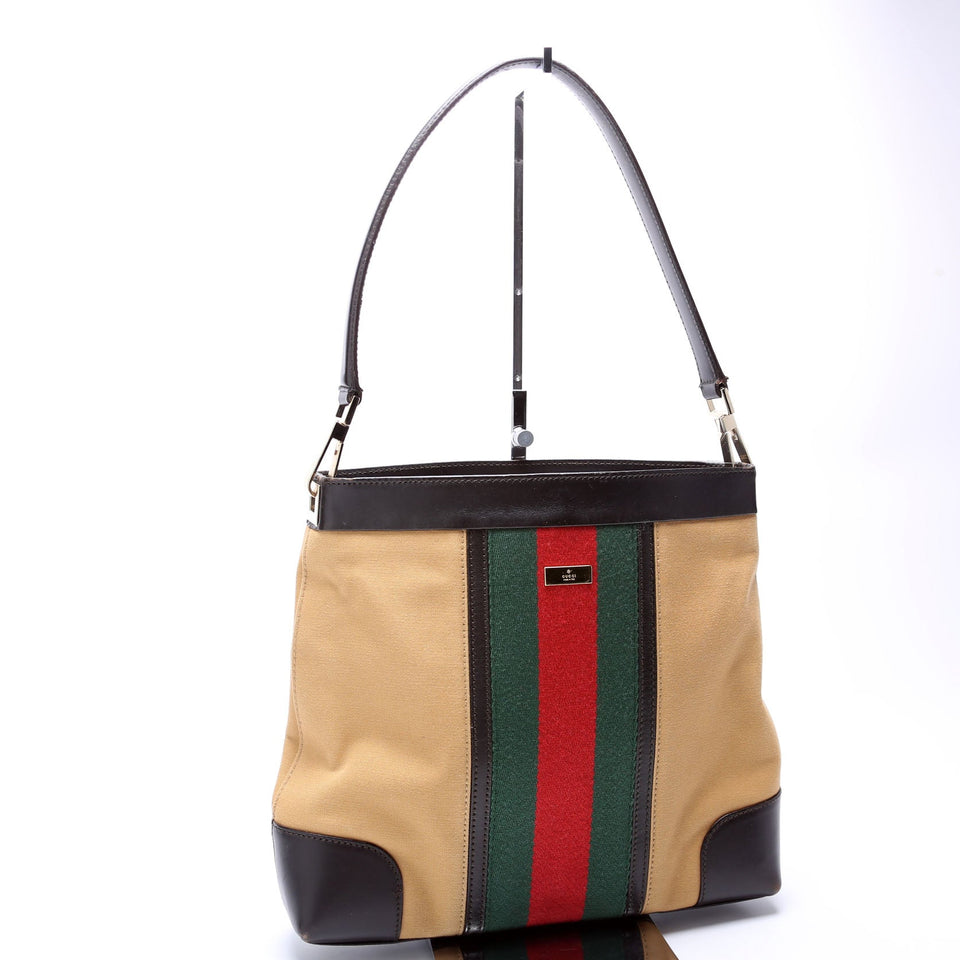 Gucci 0014231 Sherry Line Web/Leather Shoulder Vintage Bag