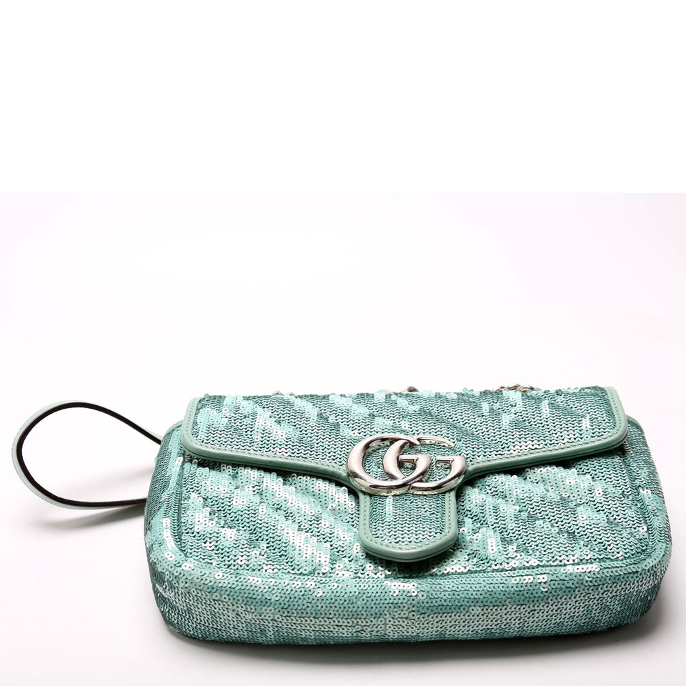 Gucci 446744 Marmont Sequin Shoulder Mini Flap Teal Bag