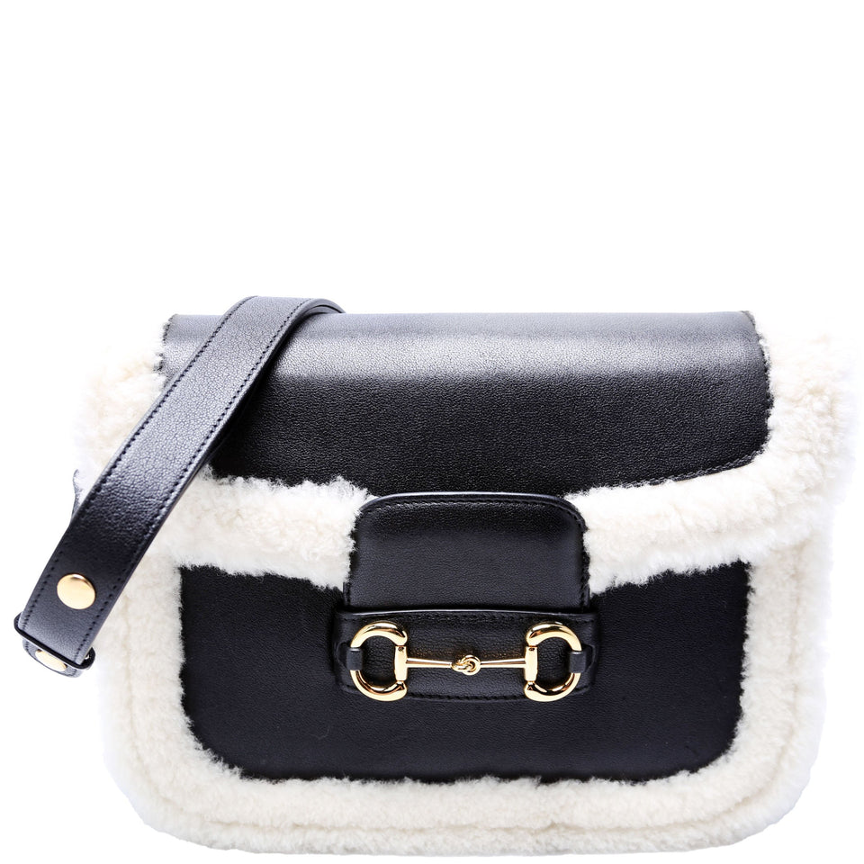 Gucci 602204 Horsebit 1955 Shearling Leather Shoulder Black Bag