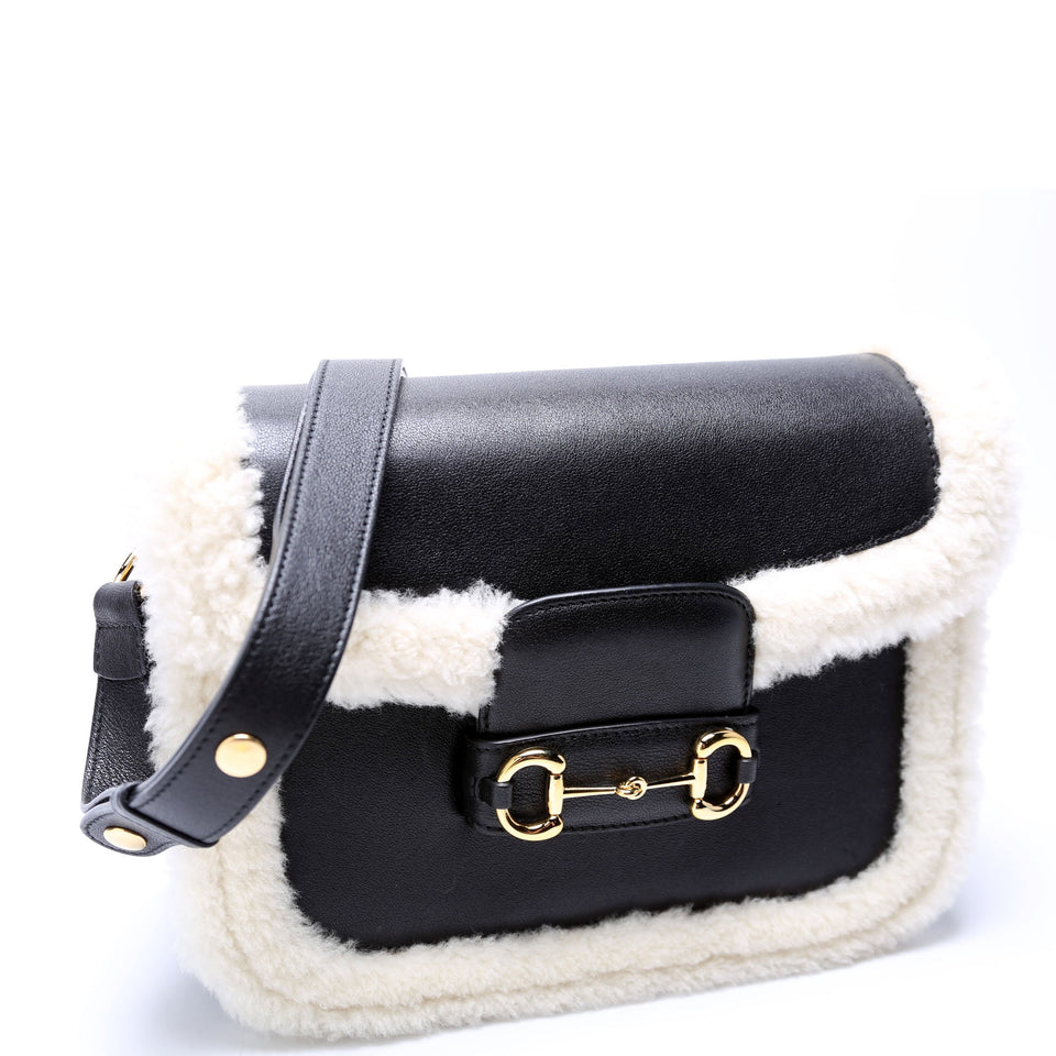 Gucci 602204 Horsebit 1955 Shearling Leather Shoulder Black Bag