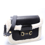 Gucci 602204 Horsebit 1955 Shearling Leather Shoulder Black Bag