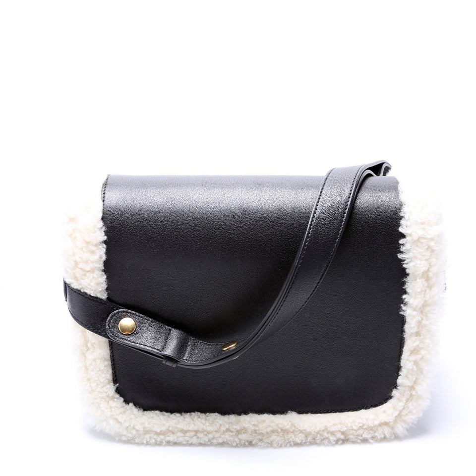 Gucci 602204 Horsebit 1955 Shearling Leather Shoulder Black Bag