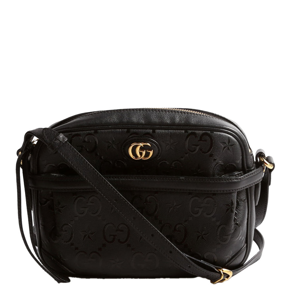 Gucci 675776 GG Star Embossed Leather Small Shoulder Black Bag