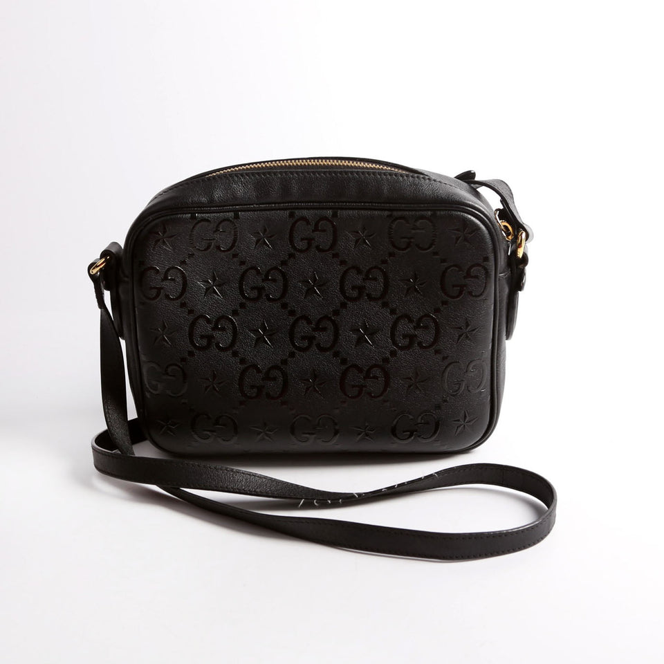 Gucci 675776 GG Star Embossed Leather Small Shoulder Black Bag