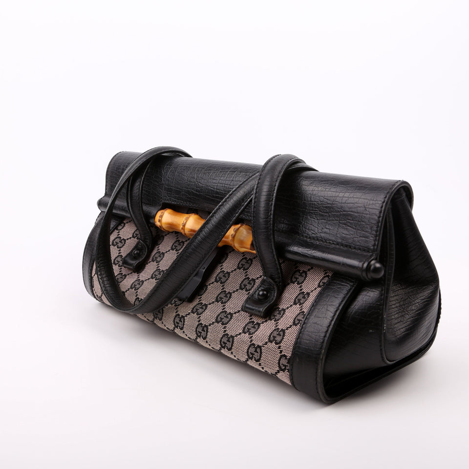 Gucci 111713 GG Canvas Bamboo Bullet Medium Black Bag