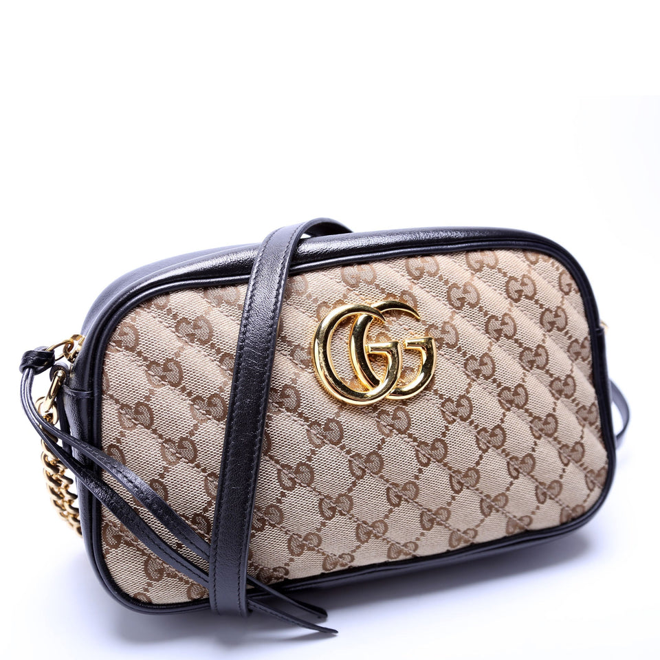 Gucci 447632 Marmont Small GG Canvas Camera Tan/Black Bag
