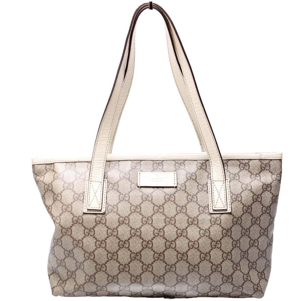 Gucci 181086 GG Supreme Small Zip Tote Tan and White Bag