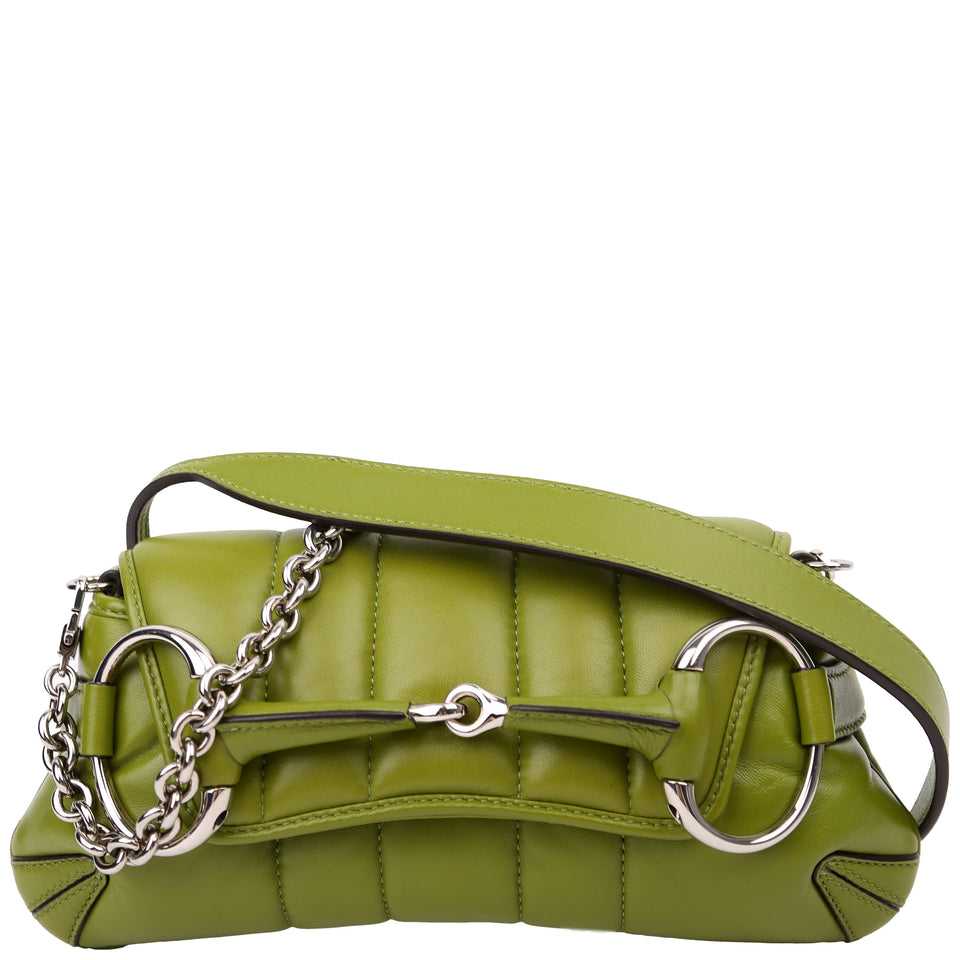 Gucci 764339 Vertical Quilted Maxi Horsebit Chain Medium Shoulder Green Bag