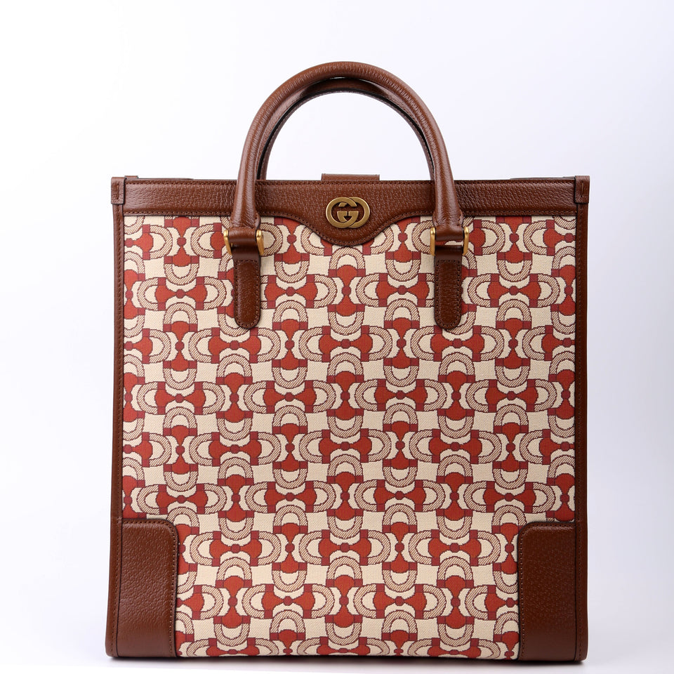 Gucci 752586 Interlocking G Jacquard Horsebit Tote Brown Bag
