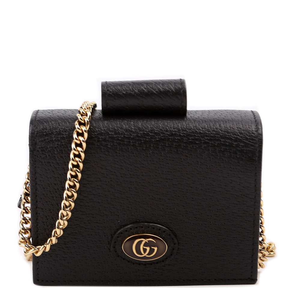 Gucci 617195 GG Enamel Calfskin Lipstick Card Holder Chain Wallet Black Bag