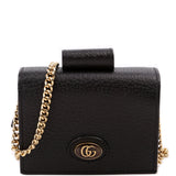 Gucci 617195 GG Enamel Calfskin Lipstick Card Holder Chain Wallet Black Bag