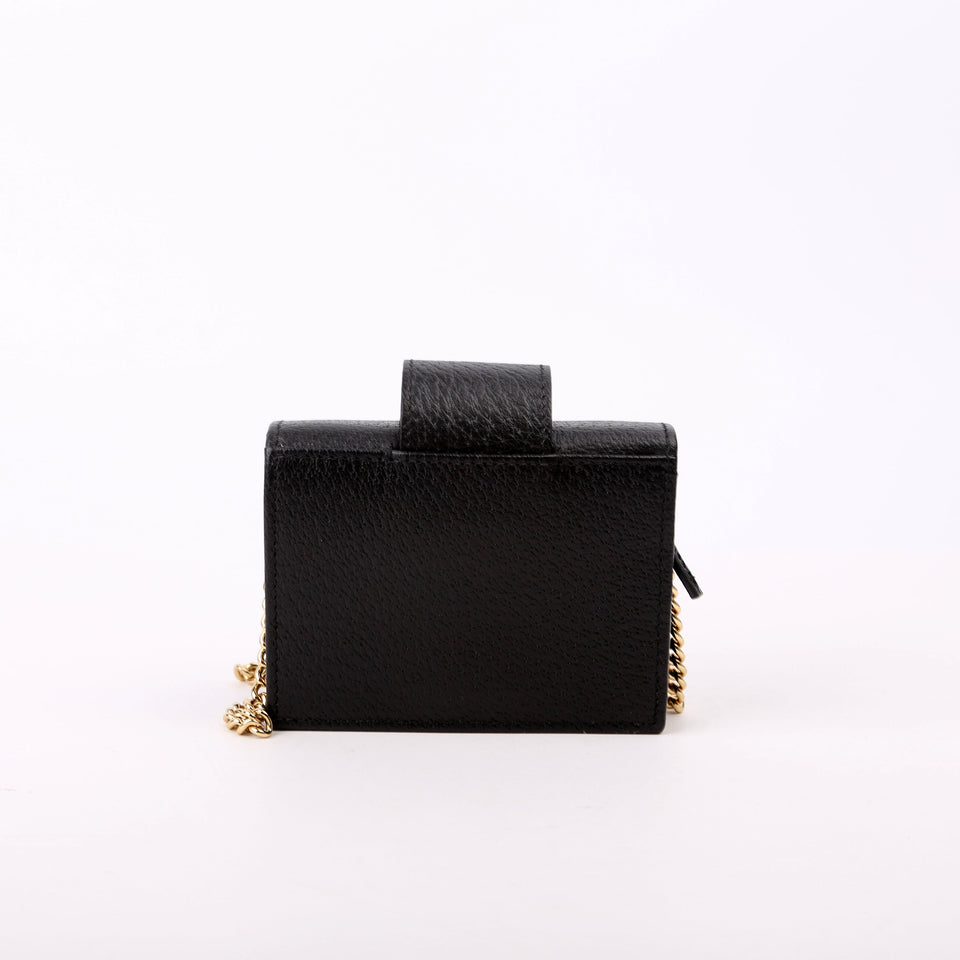 Gucci 617195 GG Enamel Calfskin Lipstick Card Holder Chain Wallet Black Bag