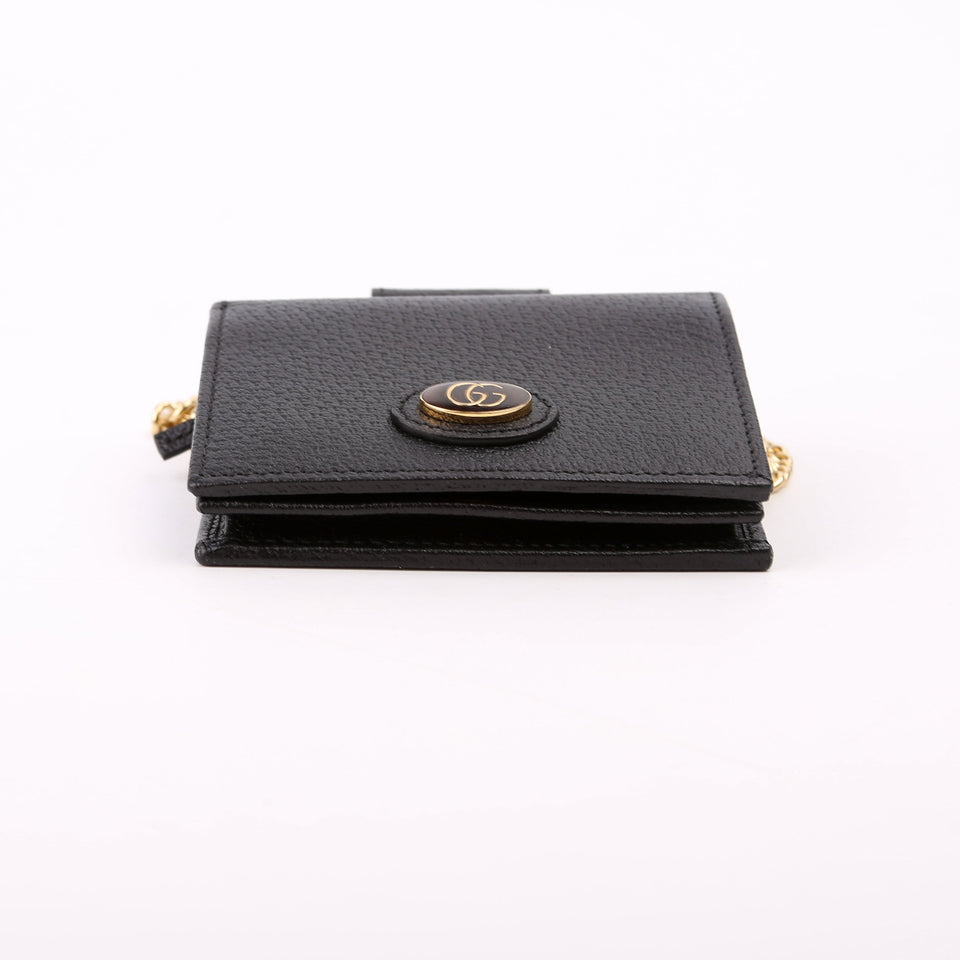 Gucci 617195 GG Enamel Calfskin Lipstick Card Holder Chain Wallet Black Bag