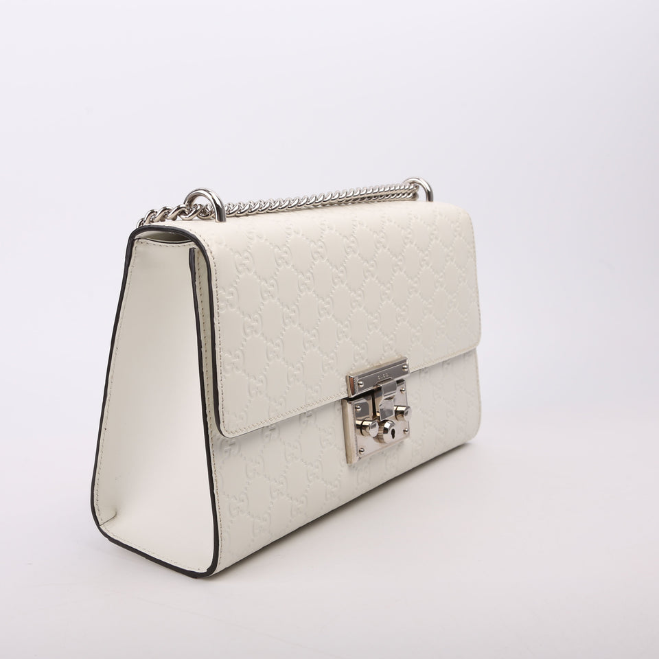 Gucci 409486 Padlock GG Leather Shoulder Medium White Bag