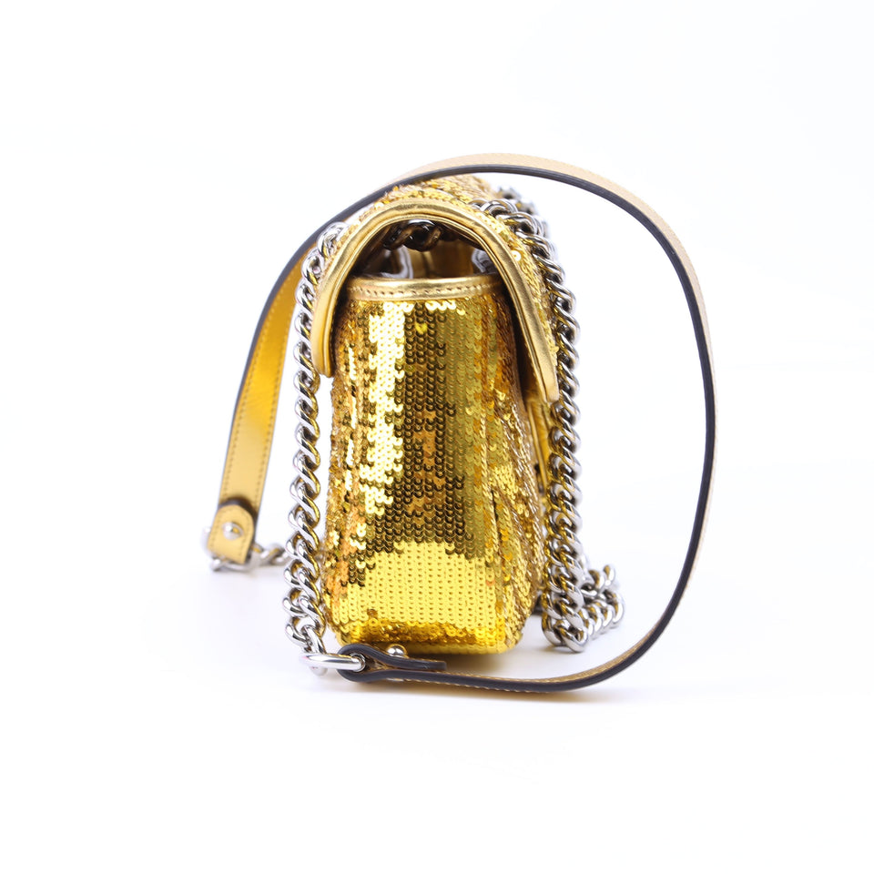 Gucci 443497 Marmont Shoulder Small Flap Sequin Gold Bag