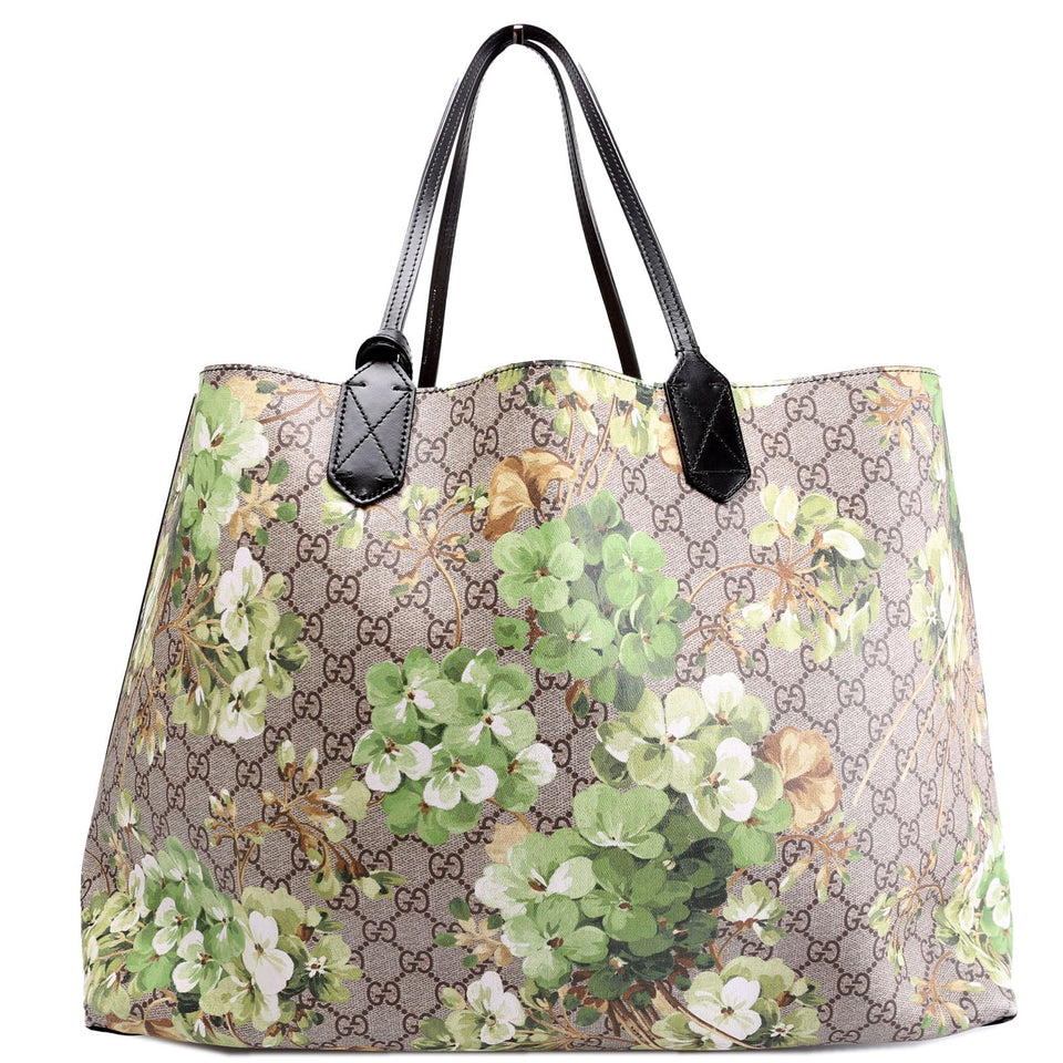 Gucci 368568 GG Blooms Reverse Medium Tote Beige/Green/Black Bag