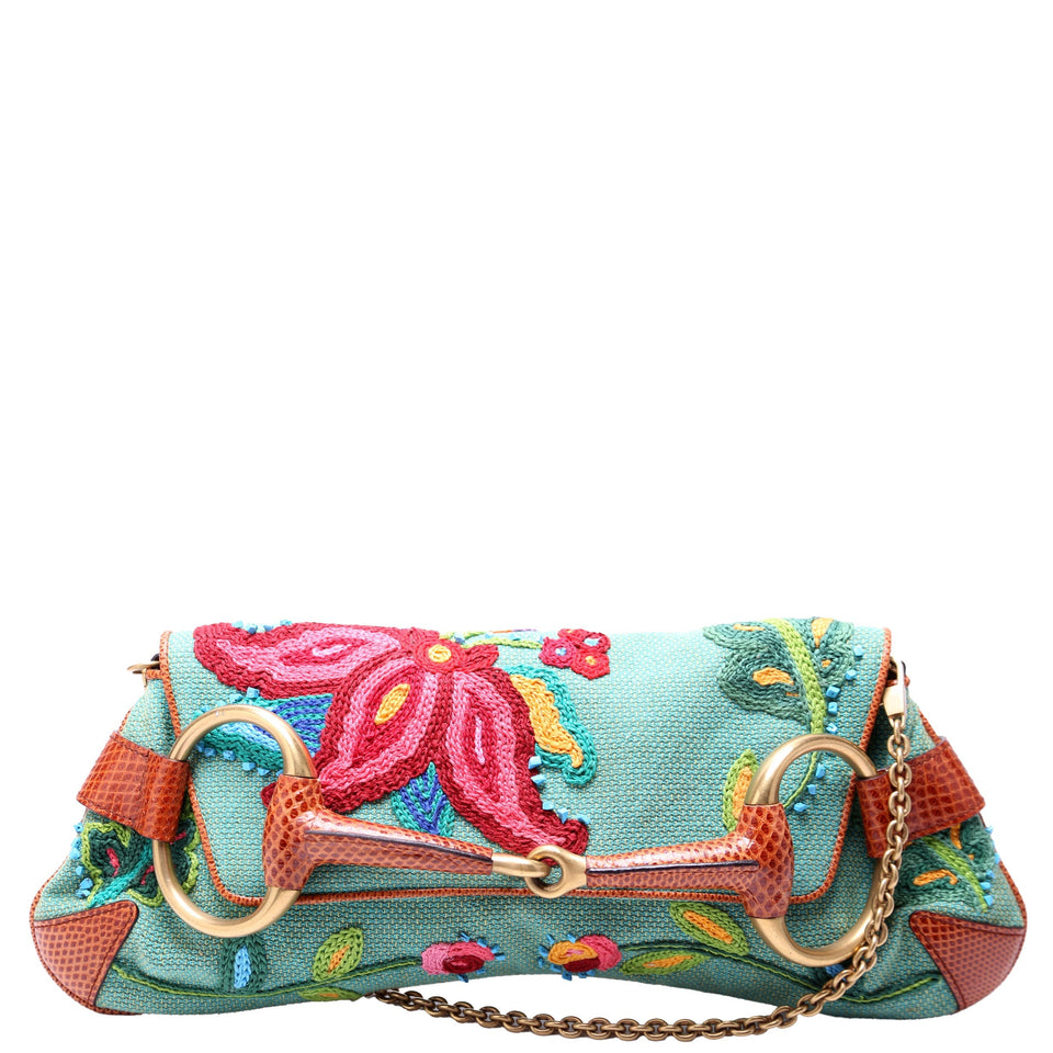 Gucci X Tom Ford Horsebit Embroidered Chain Clutch 123218 Teal/Multicolor Bag