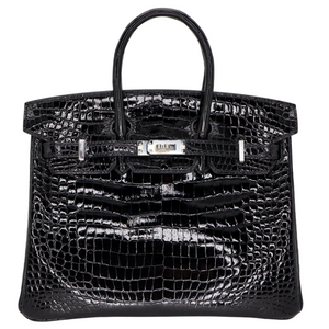 Hermes25cm Birkin Black Shiny Porosus Crocodile Palladium Hardware