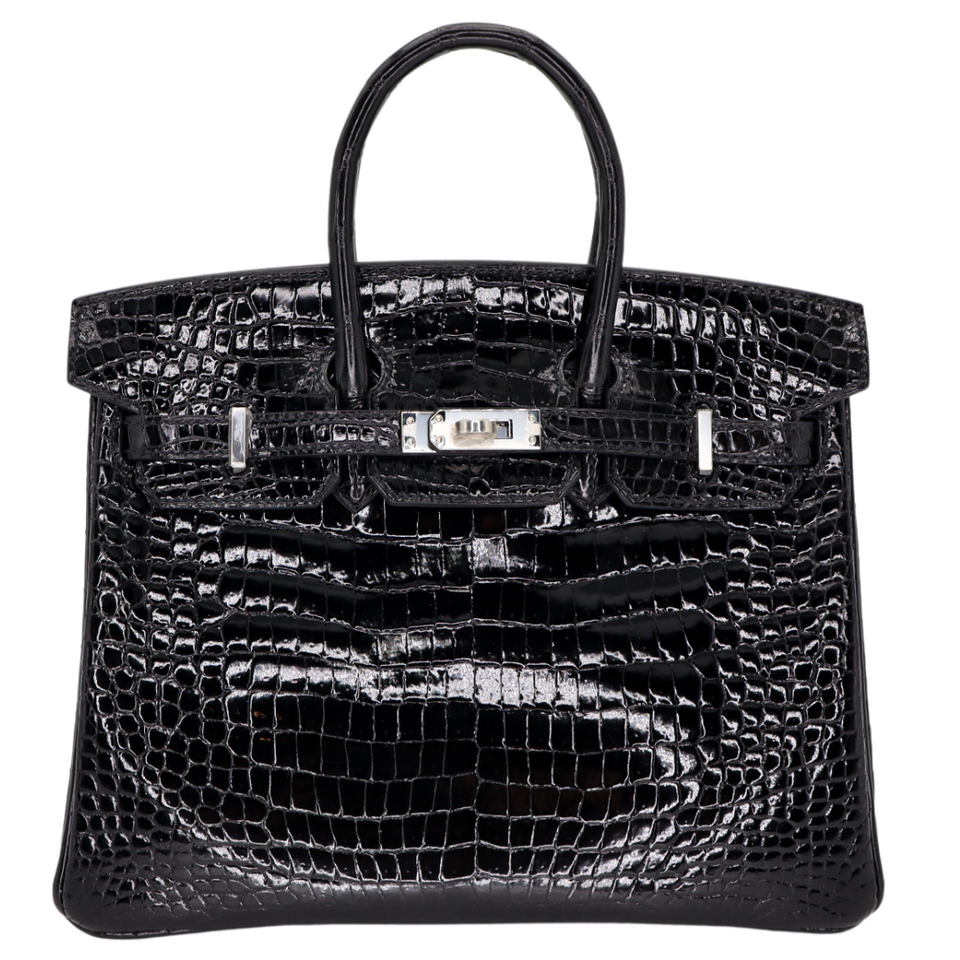 Hermes25cm Birkin Black Shiny Porosus Crocodile Palladium Hardware
