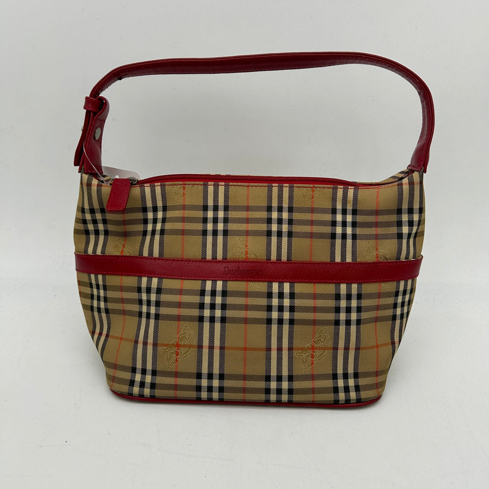Luxury Burberry House Check Beige Red Leather Trim Handbag Medium