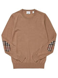 Luxury Burberry Check Patch Crew Neck Wool Knit Top Beige