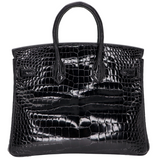 Hermes25cm Birkin Black Shiny Porosus Crocodile Palladium Hardware