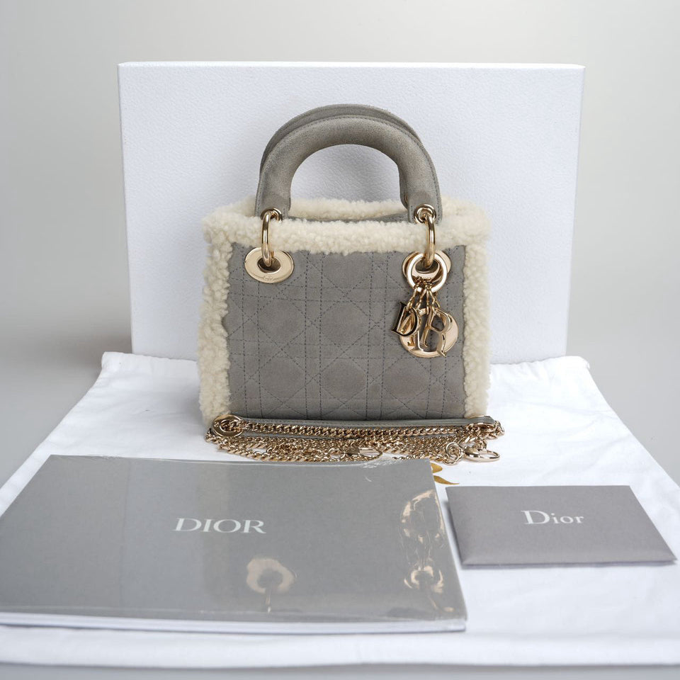 Christian Dior Lady Dior  2020 Mini Suede Shearling Cannage Lady Dior satchel