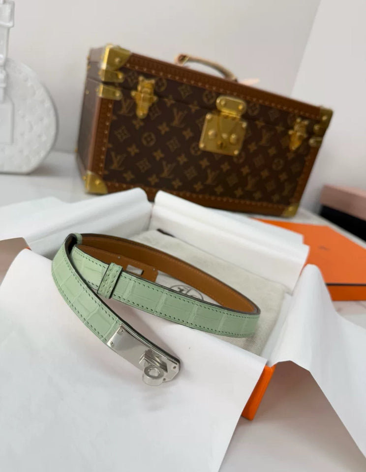 Hermes Kelly Belt Green Vert d’Eau Crocodile leather Palladium Hardware