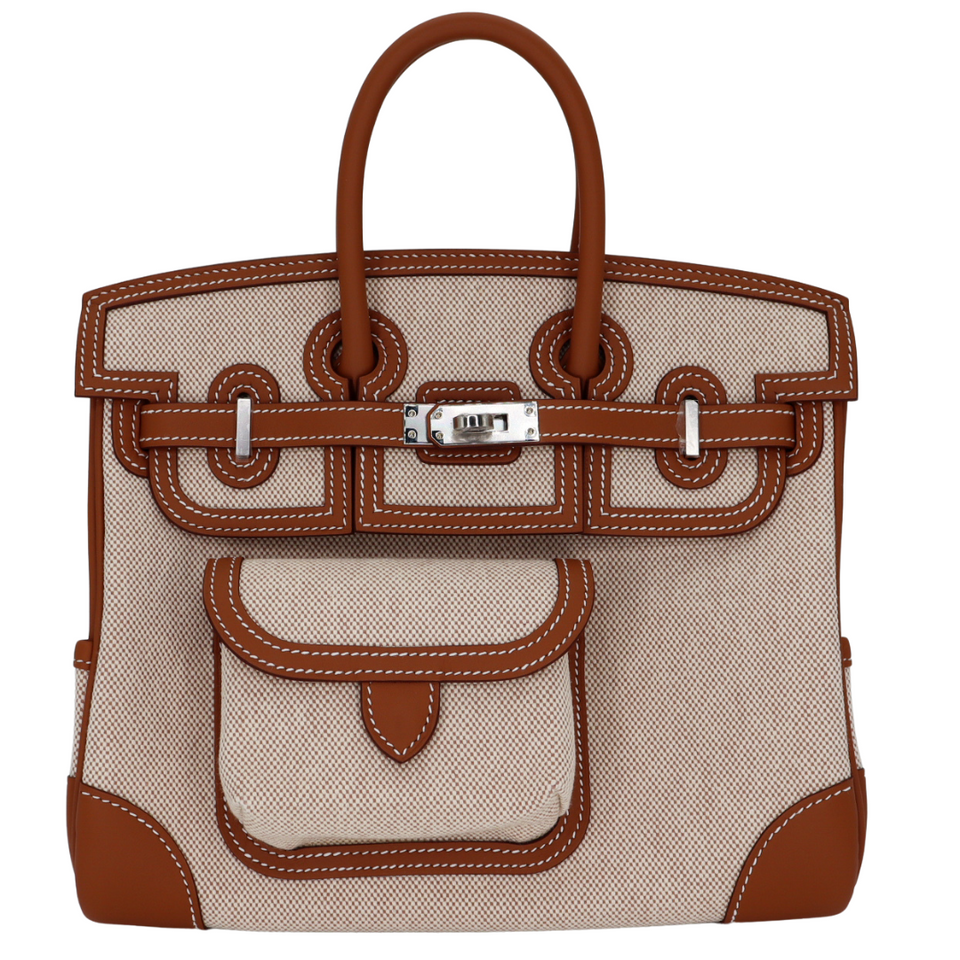 Hermes25cm Birkin Cargo Ecru/ Gold Canvas/ Swift Leather Palladium Hardware