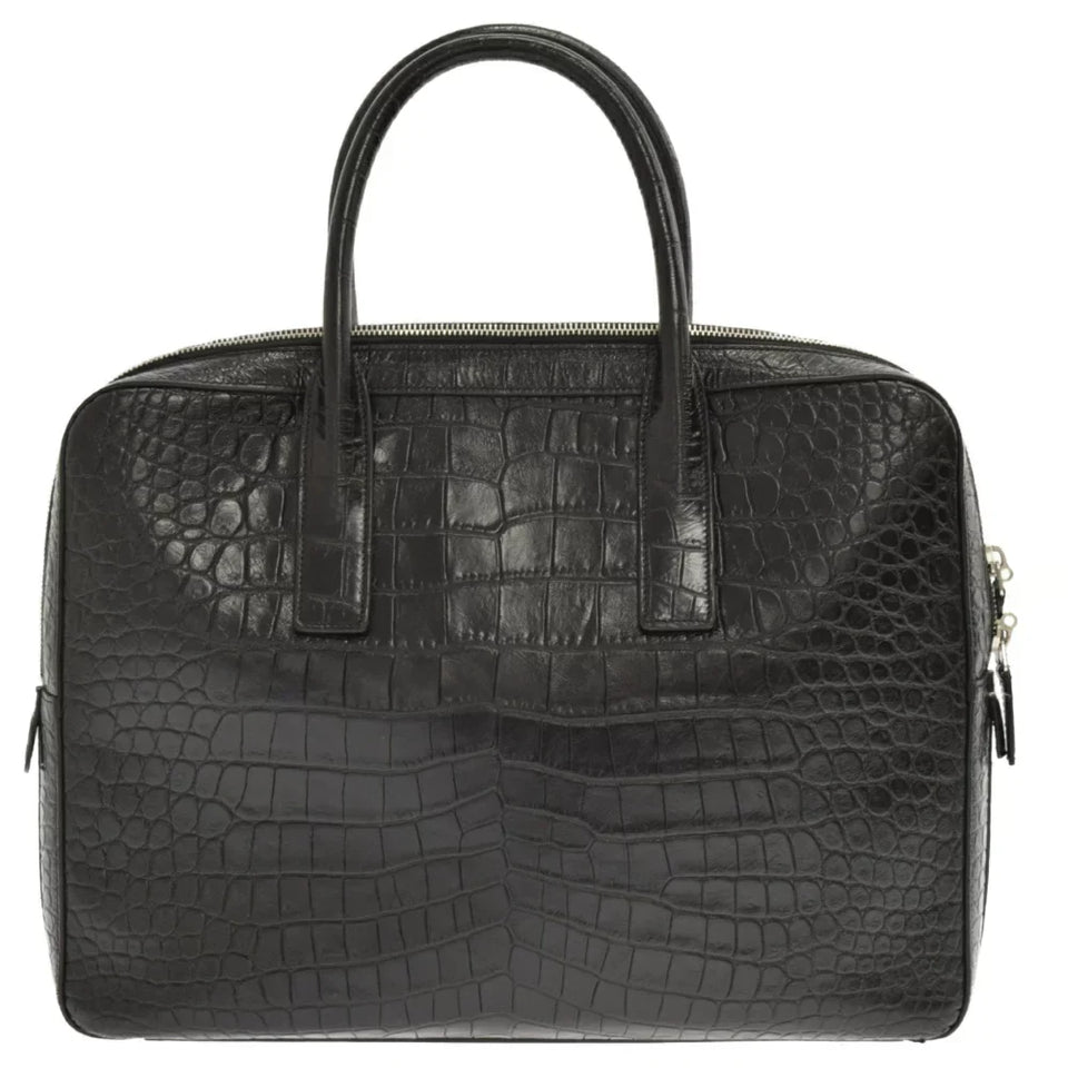 Saint Laurent- Paris Museum Crocodile Embossed Briefcase Leather Black