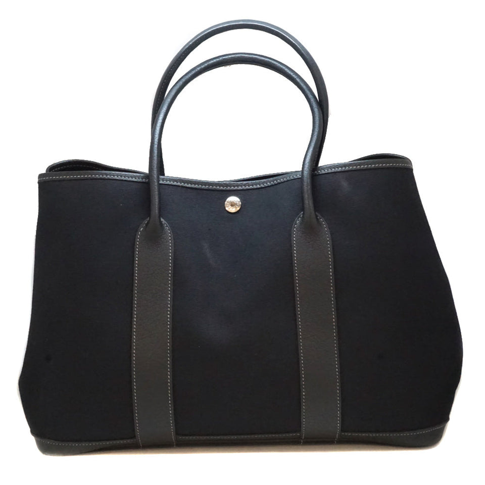 Hermes Garden Party PM Tote Bag Canvas Toile Ash Leather Black