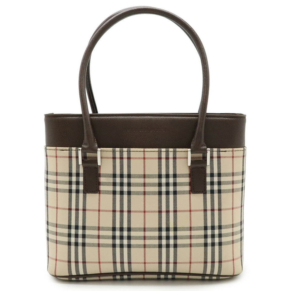 Burberry Beige Black Bordeaux Dark Brown Canvas Leather Handbag Tote Bag ( )