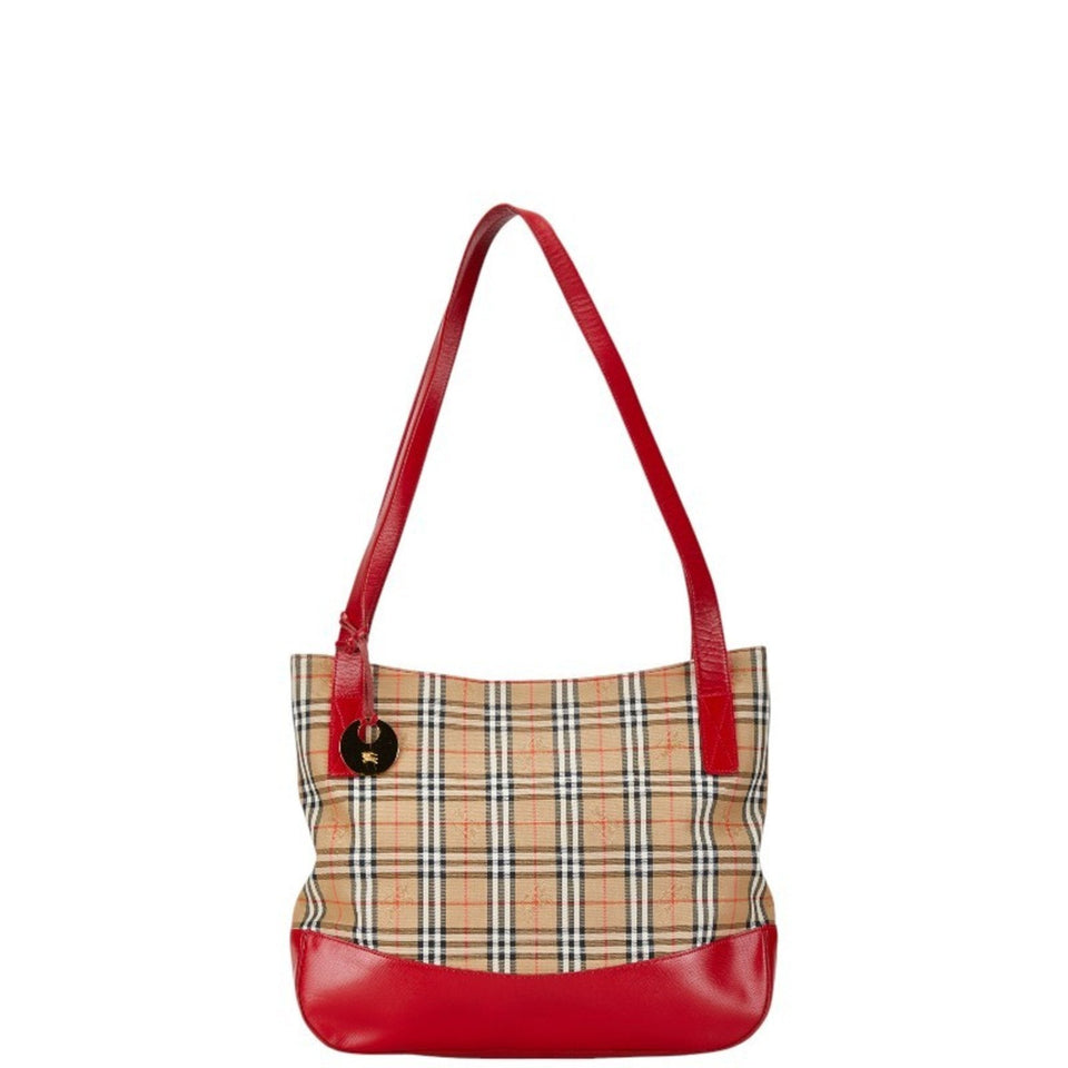 Burberry Beige Red Color Canvas Leather Shoulder Bag Tote Bag ( )
