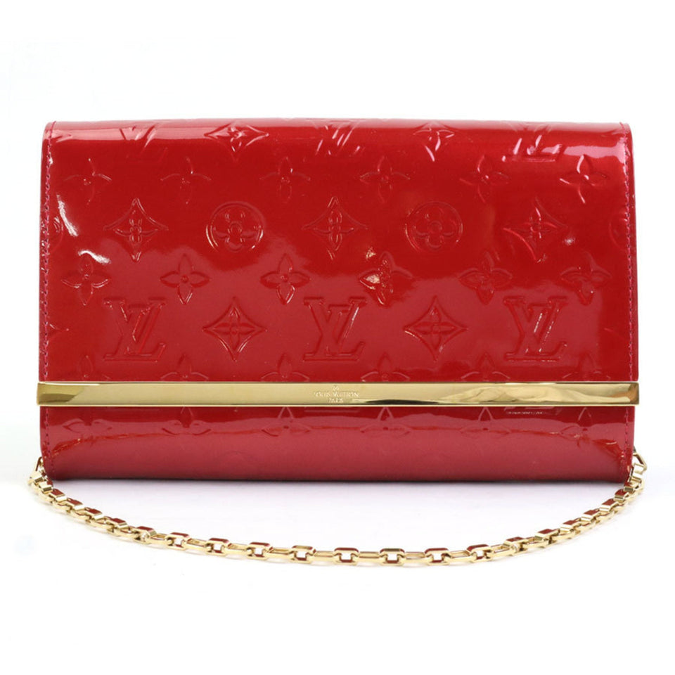 Louis Vuitton Shoulder Bag Diagonal Monogram Verni Clutch Anna Patent Leather Red Gold Women's