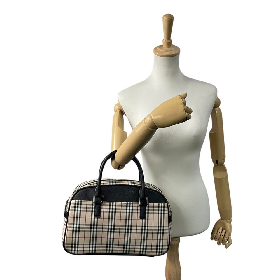 Burberry Beige Black Canvas Leather Boston Bag Handbag ( )