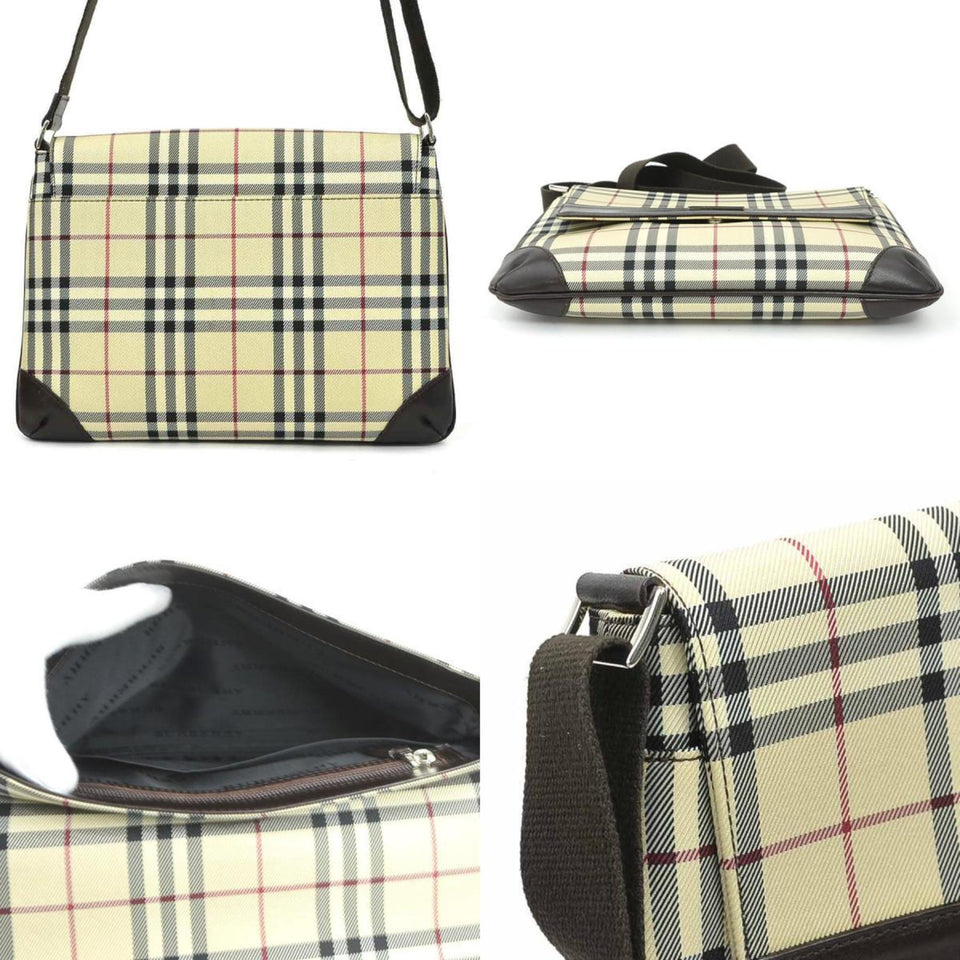 Burberry Beige Brown Nylon Canvas Leather Shoulder Bag ( )