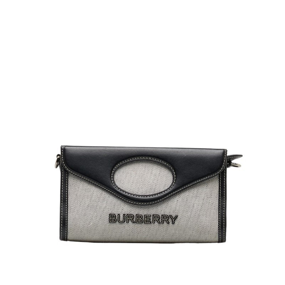 Burberry Black Gray Cotton Canvas Leather Handbag Shoulder Bag ( )