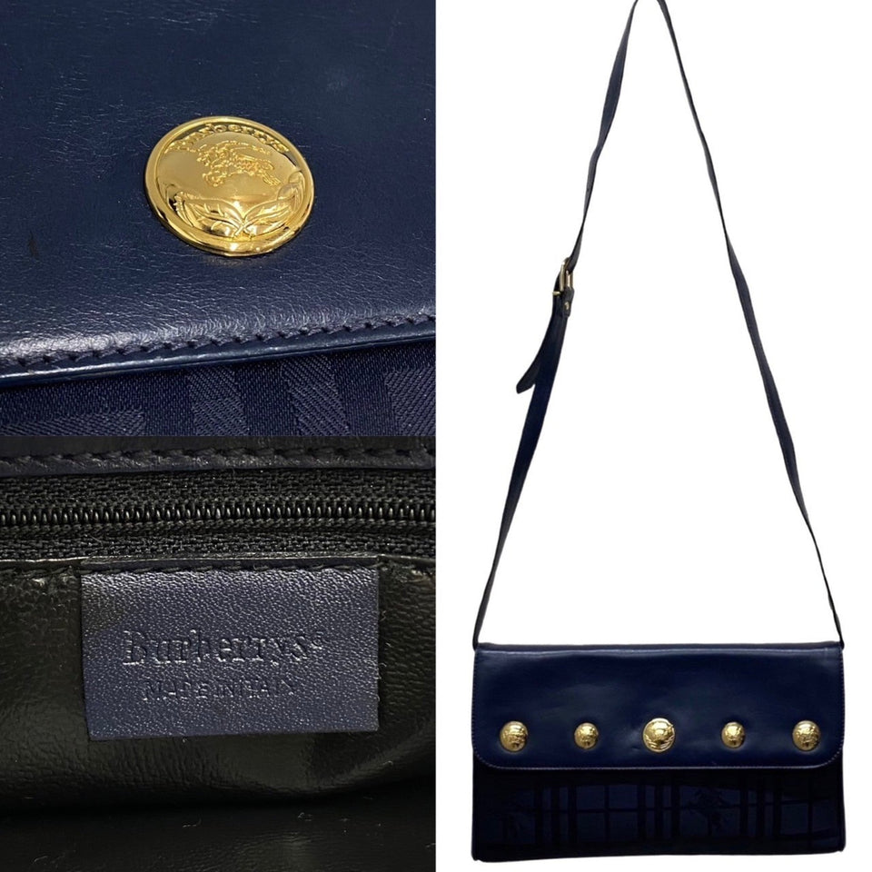 Burberry Navy Leather Nylon Clutch Bag Shoulder Bag ( )